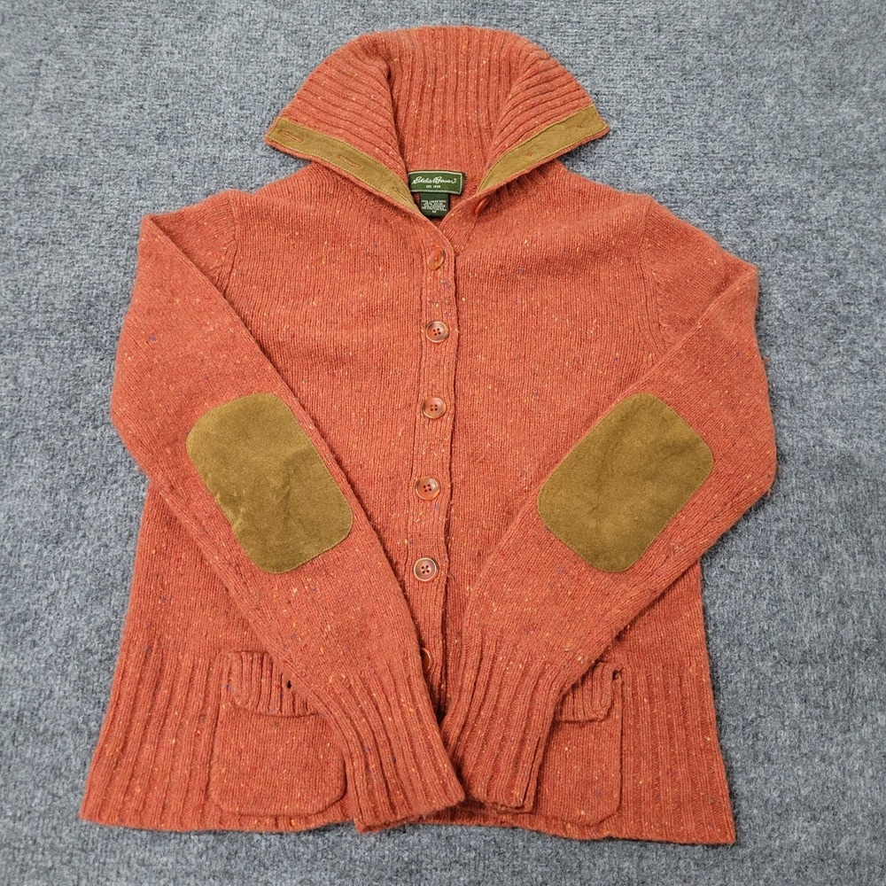 Eddie Bauer Cardigan Womens Size M Orange Wool Cashmere Suede Elbow Patch Knit